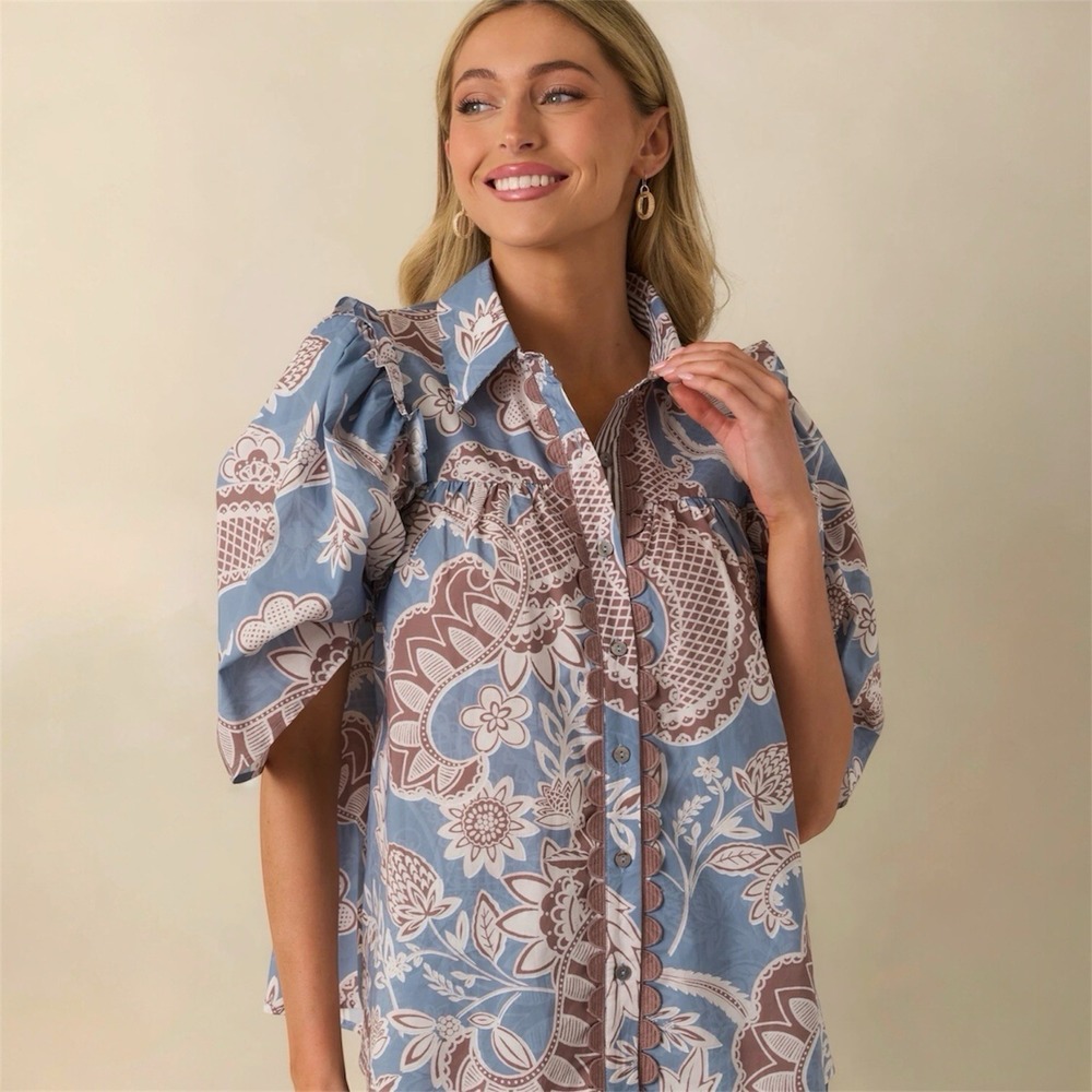 EUC Floral Button Up Blouse SMALL Blue Preppy Chic Earthy Cottage Boho Artisan